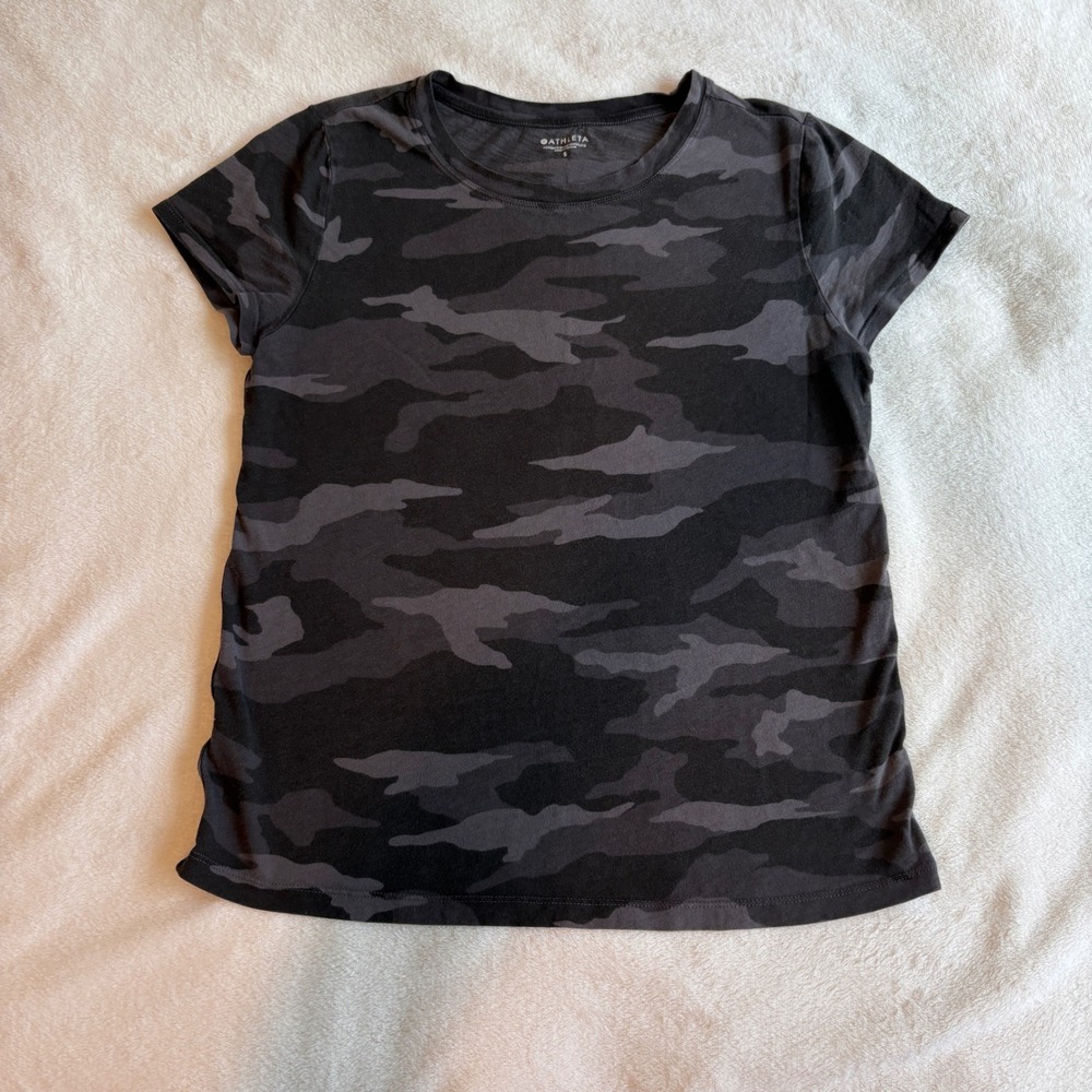 Athleta Womens Camo Short Sleeve Tee Grey Black Camouflage Crewneck T-Shirt S